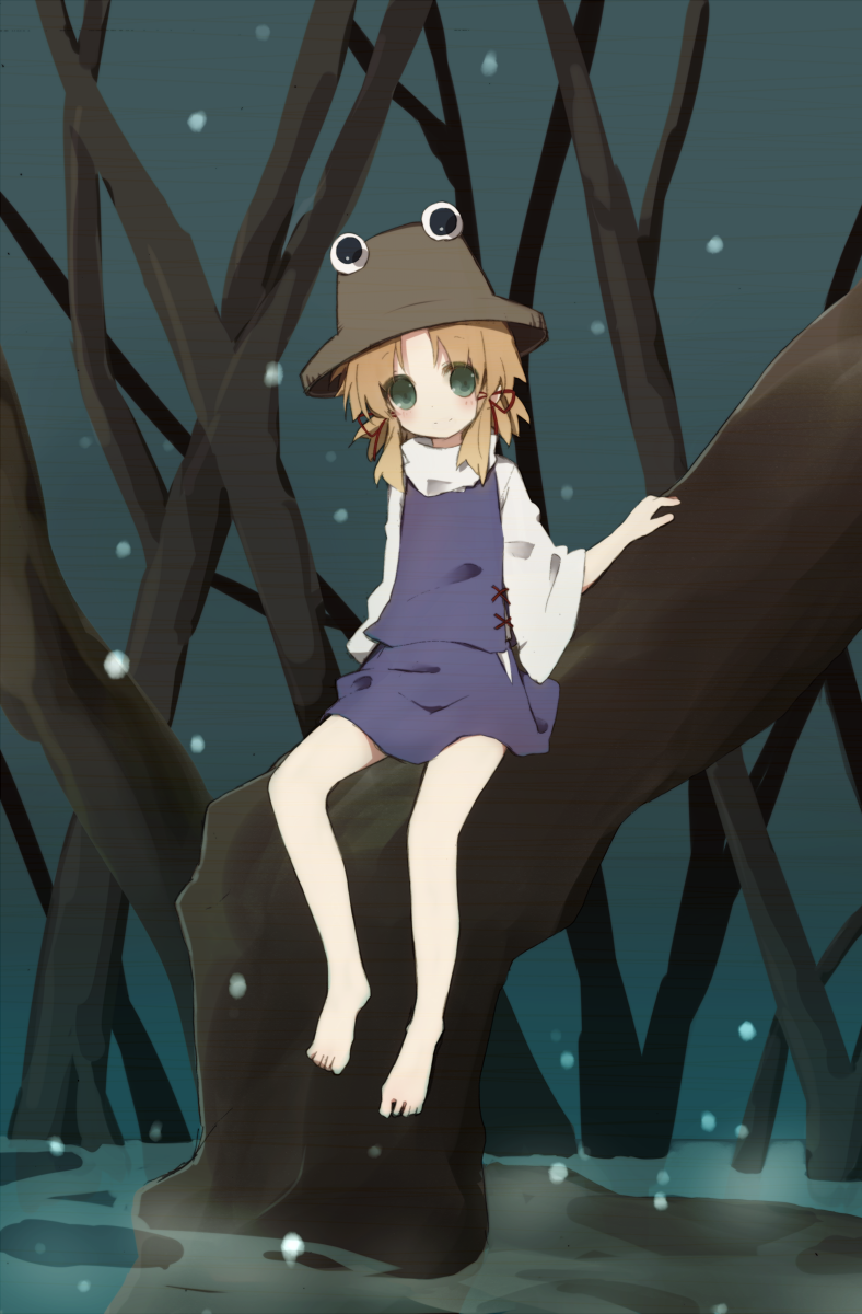 1girl, bad_id, bad_pixiv_id, barefoot, blonde_hair, blush, female_focus, frog