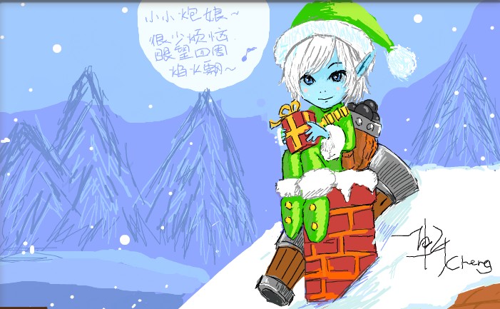 1girl, alternate_costume, blush, boots, cannon, cannonball, cheng, chimney, chinese_text, earnest_elf_tristana, female_focus, gift, hat, league_of_legends, pointy_ears, santa_hat, signature, snow, solo, translation_request, tree, tristana, tristana_(league_of_legends)