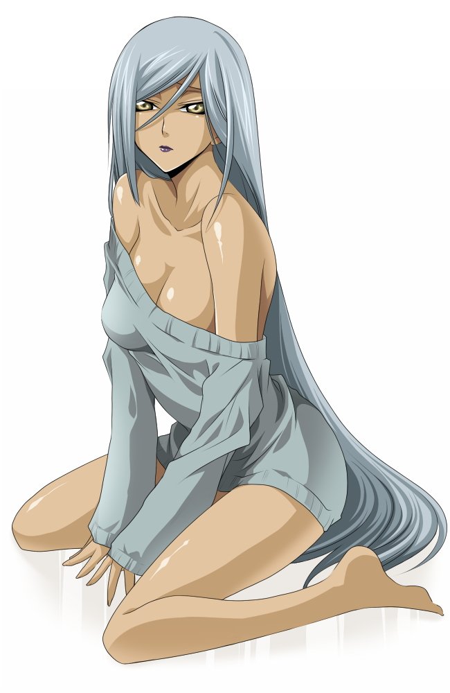 00s, 1girl, bare_shoulders, barefoot, breasts, cleavage, code_geass, dark-skinned_female, dark_skin, female_focus, jyuru, kneeling, large_breasts, lipstick, long_hair, long_sleeves, makeup, naked_sweater, off_shoulder, silver_hair, sleeves_past_wrists, solo, sweater, villetta_nu, villetta_nu_(amnesia), yellow_eyes