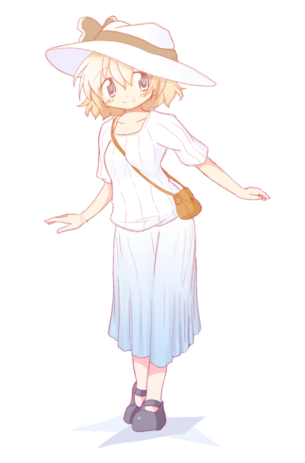 1girl, aoki_ume_(style), armband, bag, bleeugee, blonde_hair, blue_eyes, collarbone