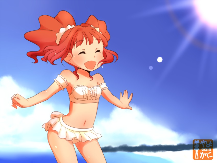 1girl, armband, beach, bikini, bikini_skirt, blush, body_blush, brown_hair