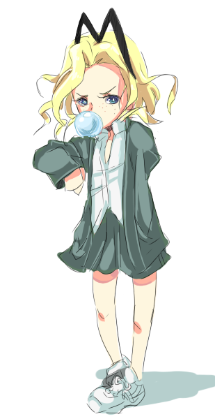 1girl, blonde_hair, blue_eyes, chewing_gum, drawfag, freckles, hair_ornament, hana_no_android_gakuen