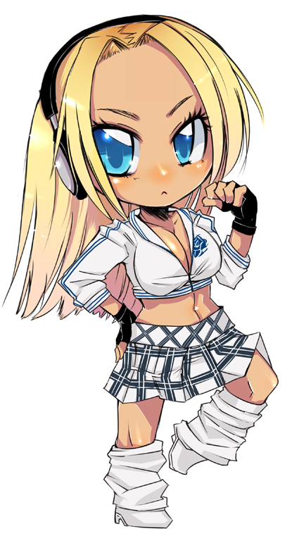 1girl, alternate_costume, blonde_hair, blue_eyes, breasts, chibi, cleavage, crop_top, female_focus, fingerless_gloves, gloves, harco_izm, headphones, high_heels, large_breasts, long_hair, loose_socks, midriff, navel, plaid_clothes, plaid_skirt, sarah_bryant, shoes, skirt, socks, solo, virtua_fighter