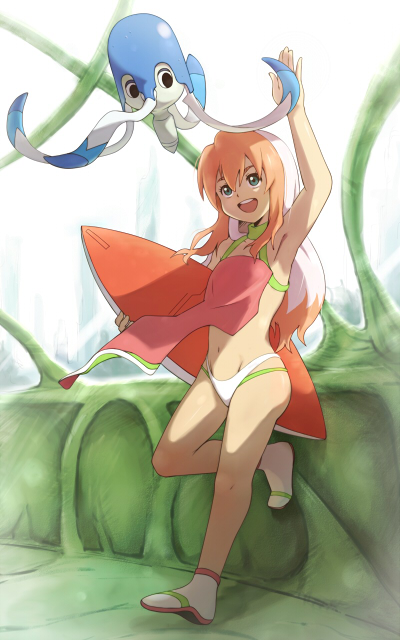 00s, 1girl, aged_down, arm_up, armpits, bikini, bikini_bottom_only, birdy_cephon_altera, blue_eyes, child, groin, high_five, imuta_(vaporization), long_hair, multicolored_hair, navel, open_mouth, orange_hair, sandals, socks, standing, surfboard, swimsuit, tetsuwan_birdy, tetsuwan_birdy_decode, tuto, two-tone_hair, white_hair