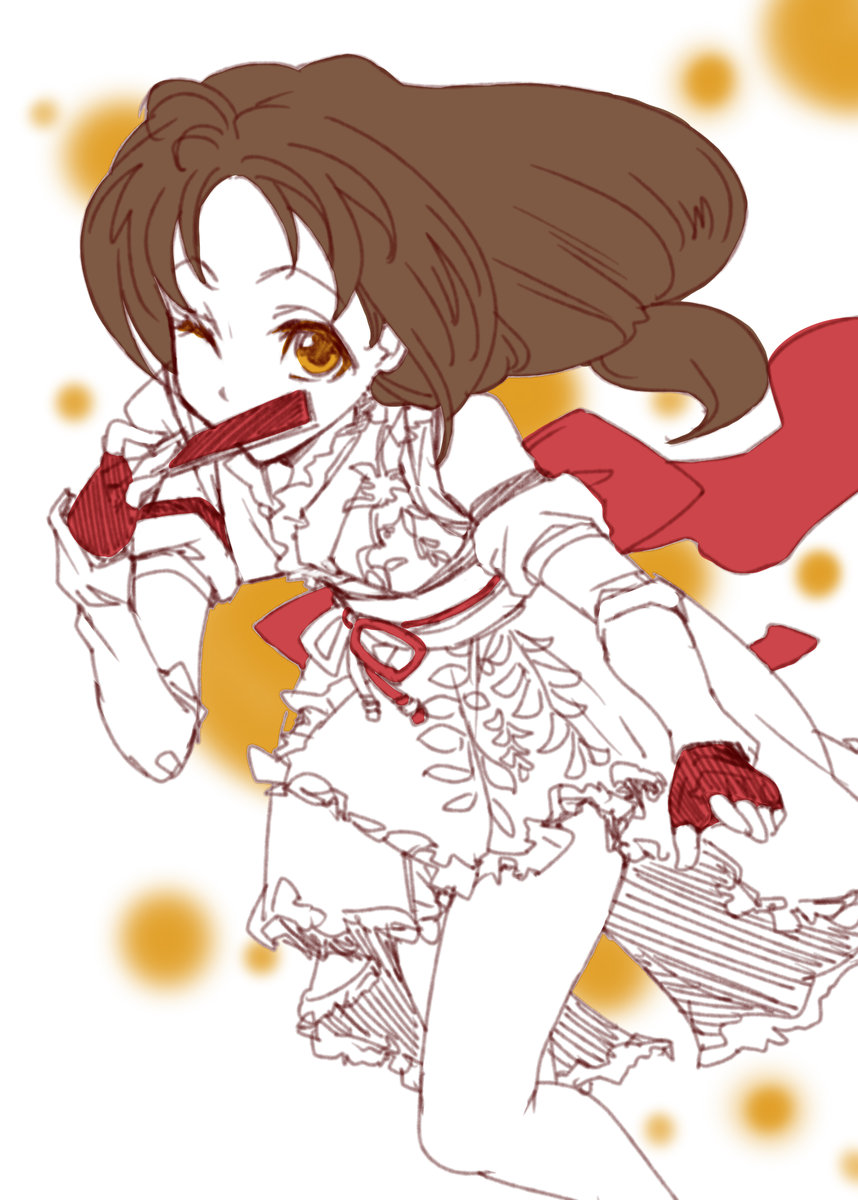 1girl, brown_eyes, folded_fan, elbow_gloves, hand_fan, fingerless_gloves, folding_fan, fujishima_hitomi