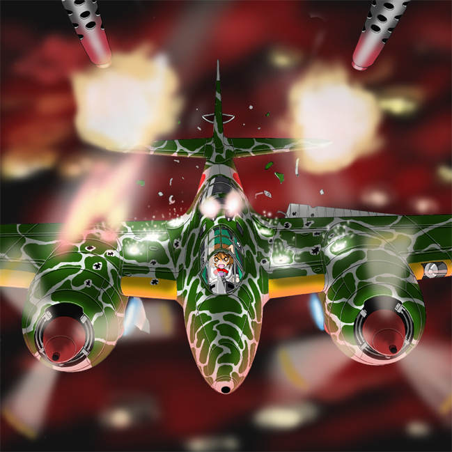 aerial_battle, aircraft, airplane, animal_ears, battle, cana, damaged, firing