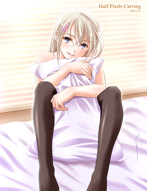 00s, 1girl, 2006, aizawa_kotarou, bed, black_thighhighs, blonde_hair, blue_eyes, female_focus, half_pixels_carving, hugging_object, indoors, luna_(aizawa_kotarou), nude, original, pillow, pillow_hug, runa_(aizawa_kotarou), sitting, solo, thighhighs