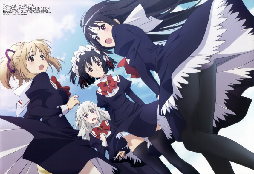 1boy, 3girls, :<, :o, absurdres, black_hair, black_legwear, blush