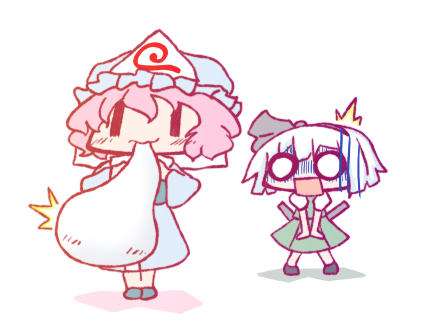 2girls, ^^^, aoki_ume_(style), bleeugee, blush, dress, eating, female_focus, ghost, hair_ornament, hairband, hat, konpaku_youmu, konpaku_youmu_(ghost), multiple_girls, open_mouth, pink_hair, saigyouji_yuyuko, short_hair, simple_background, surprised, touhou, triangular_headpiece, white_background, white_hair, wide_face, |_|, ||_||