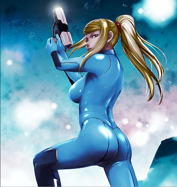 1girl, ass, blonde_hair, bodysuit, breasts, female_focus, gun, lb, long_hair, metroid, nintendo, ponytail, samus_aran, skin_tight, solo, weapon, zero_suit