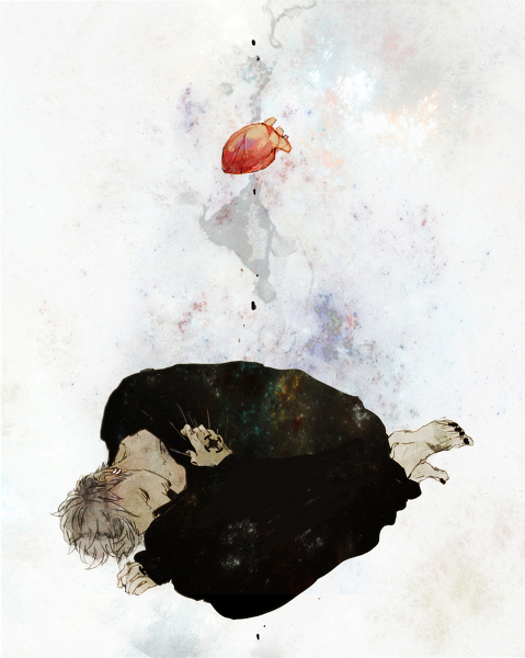 1boy, barefoot, earrings, heart, heart_(organ), jewelry, lying, male_focus