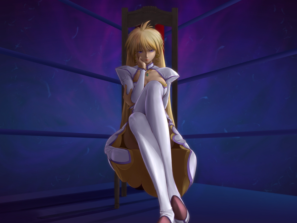 1girl, arena, beauty_ichigaya, blonde_hair, boots, breasts, chair, cleavage, crossed_legs, drill_hair, female_focus, large_breasts, leotard, lipstick, long_hair, long_sleeves, makeup, ringlets, sitting, smile, solo, thigh_boots, thighhighs, umii, wrestle_angels, wrestle_angels_survivor, wrestling_outfit, wrestling_ring