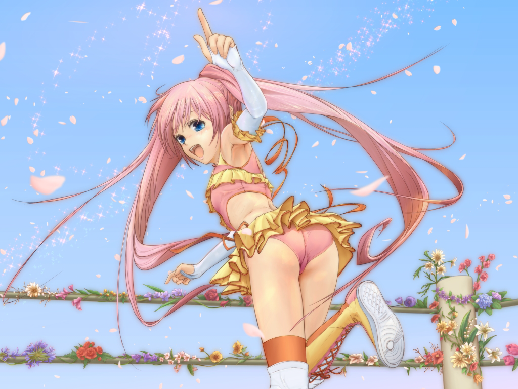 1girl, arena, ass, back, bikini, blue_eyes, boots, elbow_pads, flower, frills, hair_ornament, kanai_cuty, knee_pads, open_mouth, petals, pink_hair, skirt, smile, sports_bikini, swimsuit, trefoil, twintails, umii, wrestle_angels, wrestle_angels_survivor, wrestling_outfit, wrestling_ring