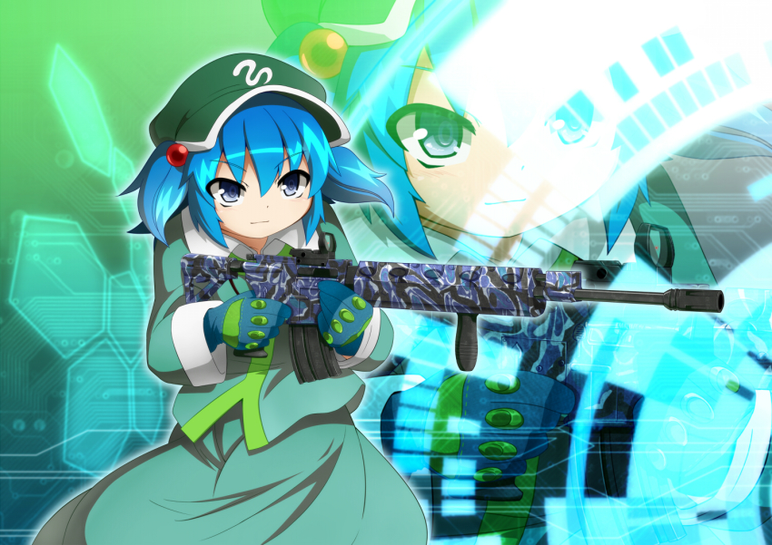 1girl, assault_rifle, bad_id, bad_pixiv_id, bad_proportions, blue_eyes, blue_hair, artistic_error