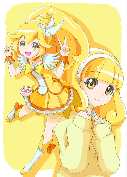 10s, 2girls, arnval_(artist), bike_shorts, blonde_hair, boots, bow, cardigan, choker, cure_peace, dual_persona, hair_flaps, hairband, kise_yayoi, long_hair, magical_girl, multiple_girls, ponytail, precure, school_uniform, short_hair, shorts, shorts_under_skirt, skirt, smile_precure!, tiara, v, white_hairband, yellow_background, yellow_bow, yellow_eyes, yellow_shorts, yellow_skirt, yellow_theme