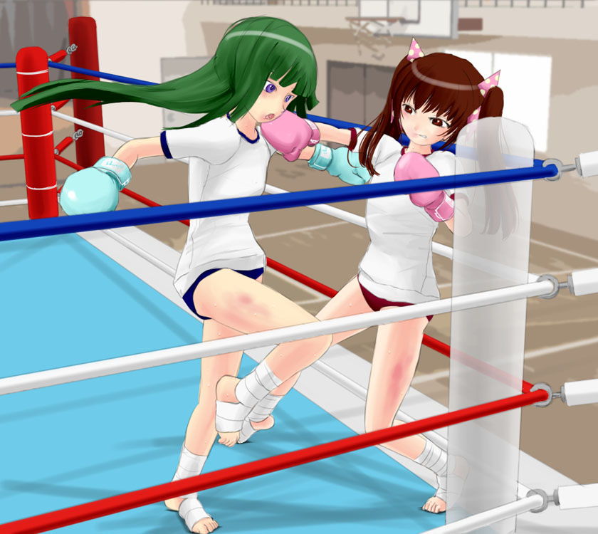 13, 2girls, arena, battle, boxing, boxing_gloves, boxing_ring, bruise, buruma, fighting, green_hair, gym_uniform, injury, kickboxing, kicking, multiple_girls, punching, ruka_(#13), twintails, yayoi_(#13)