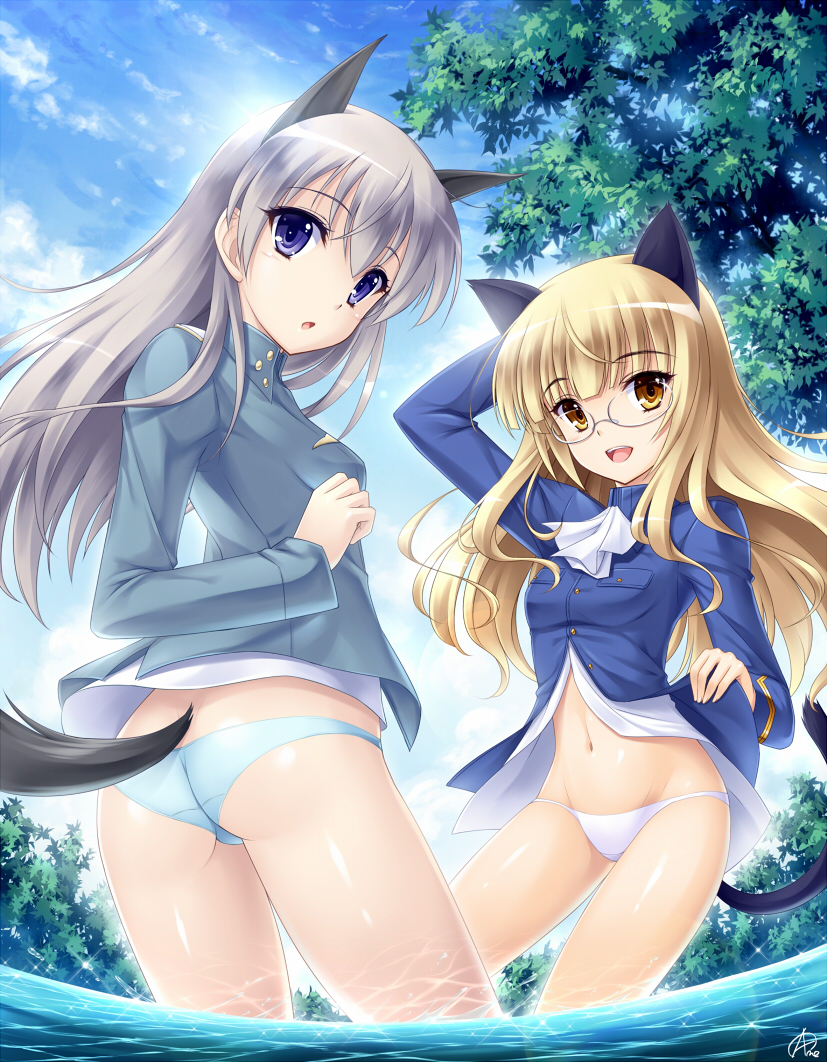2girls, :o, amane_(funfun), animal_ears, ass, blonde_hair, blue_eyes, cat_ears