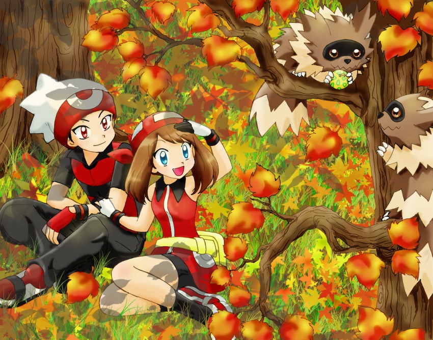 1boy, 1girl, :d, aspear_berry, autumn, berry, berry_(pokemon), blue_eyes