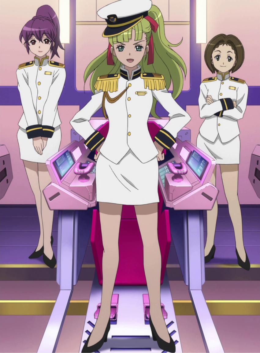 3girls, absurdres, blonde_hair, brown_hair, flora_chapie, green_eyes, hair_ribbon, highres, jenny_dolittle, miniskirt_pirates, multiple_girls, purple_eyes, purple_hair, ribbon, talvikki_launo