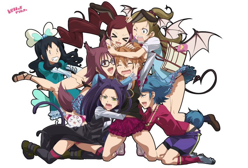 >_<, 10s, 6+girls, :d, affectionate_harem, animal_ears, bad_id, bad_pixiv_id, bat_wings, black_panties, blue_hair, brown_hair, cat_ears, cat_tail, closed_eyes, fang, glasses, half_updo, hanasaki_tsubomi, hand_under_clothes, hand_under_shirt, harem, heartcatch_precure!, highres, houjou_hibiki, houjou_sakura, hummy_(precure), jaga_note, kurokawa_eren, kurumi_erika, long_hair, minamino_kanade, multiple_girls, nishijima_waon, open_mouth, panties, precure, purple_hair, red_hair, red_panties, seiren_(precure), shirt, short_hair, side-tie_panties, smile, suite_precure, tail, twintails, underwear, wings, xd, yuri