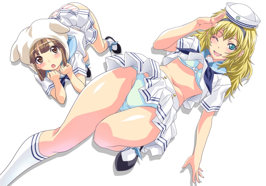 2girls, :o, ;d, ai_hoshimiya, bent_over, blonde_hair, blue_bra, blue_eyes, blue_panties, blush, bob_cut, bow, bow_bra, bra, brown_eyes, brown_hair, crop_top, green_eyes, hairband, hat, kneehighs, leaning_forward, long_hair, midriff, miniskirt_pirates, multiple_girls, nagayori, navel, one_eye_closed, open_mouth, panties, pleated_skirt, ribbon, sailor, salute, sasha_staple, school_uniform, serafuku, shiny_skin, shoes, short_hair, simple_background, skirt, smile, socks, striped_clothes, striped_panties, thigh_gap, underwear, upshirt, upskirt, white_background, white_legwear, wink