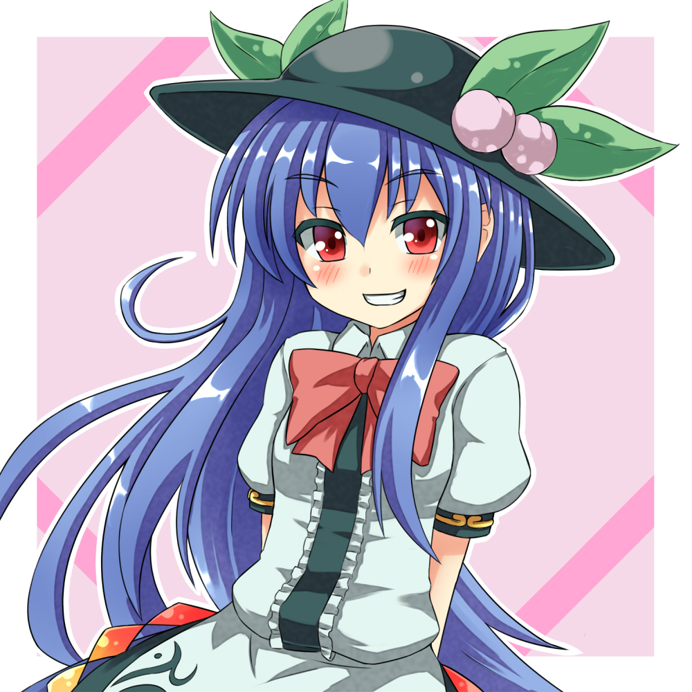 1girl, blue_hair, blush, female_focus, food, fruit, grin, hat, hinanawi_tenshi, jd_(112731258), jd_(bibirijd), long_hair, peach, pink_background, red_eyes, smile, solo, touhou, upper_body