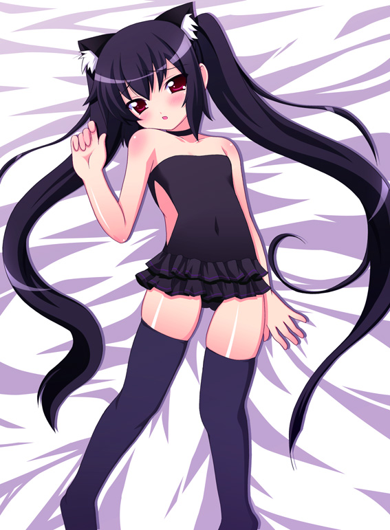 1girl, :o, animal_ears, bare_shoulders, bed_sheet, black_hair, blush, casual_one-piece_swimsuit