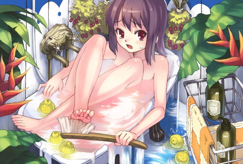 1girl, back_scrubber, barefoot, bath, bathtub, brown_hair, brush, claw_foot_bathtub, feet, female_focus, original, oryo_(oryo04), plant, red_eyes, short_hair, soles, solo, toes, water