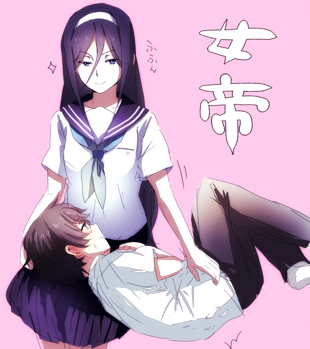 10s, 1boy, 1girl, anyaaki, hair_between_eyes, hetero, hyouka, irisu_fuyumi, kamiyama_high_school_uniform_(hyouka), lap_pillow, oreki_houtarou, pink_background, school_uniform, serafuku, simple_background