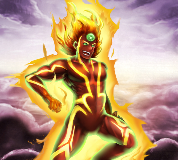 1boy, fiery_hair, fire, green_eyes, kid_icarus, male_focus, muscular, nintendo