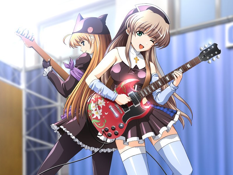 1boy, 1girl, ahoge, band_(music), bare_shoulders, bass_guitar, blonde_hair, blue_eyes