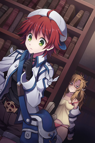 2girls, ahoge, arm_up, bag, belt, blonde_hair, blue_eyes, book