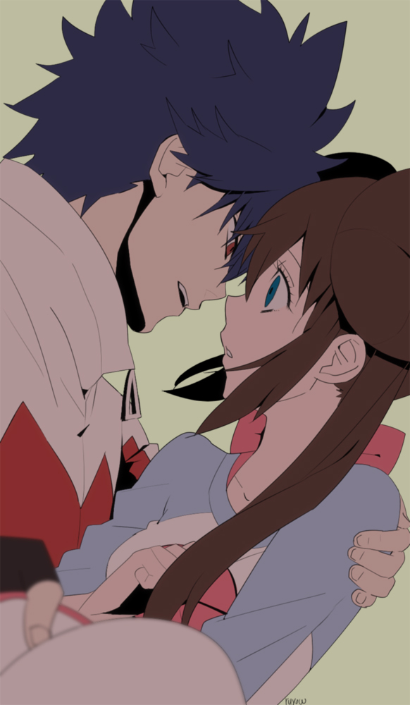 10s, 1boy, 1girl, bad_id, bad_pixiv_id, black_hair, blue_eyes, blue_hair, brown_hair, couple, donut_hair_bun, double_bun, eye_contact, fingerless_gloves, foreshortening, gloves, hair_bun, height_difference, hetero, hugh_(pokemon), jacket, looking_at_another, nintendo, pokemon, pokemon_black_2_and_white_2, profile, raglan_sleeves, red_eyes, ribbon, rosa_(pokemon), ruyow_(michinaga_kazuki), spiked_hair, twintails, unworn_headwear, visor_cap