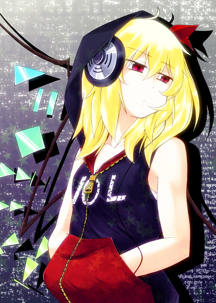 1girl, ahoge, alternate_costume, bare_arms, blonde_hair, bra, clothes_writing, expressionless, female_focus, flandre_scarlet, hair_down, hair_ribbon, hands_in_pockets, headphones, hood, hooded_jacket, hoodie, horikawakyo, jacket, looking_away, parka, red_eyes, ribbon, short_hair, solo, touhou, underwear, white_bra, wings