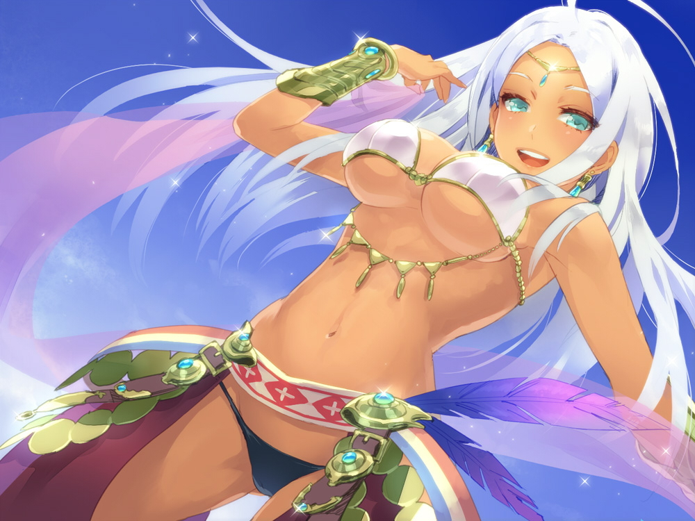 1girl, atlus, breasts, circlet, dancer_(sekaiju), dancer_4_(sekaiju), dark-skinned_female, dark_skin, earrings, etrian_odyssey, feathers, female_focus, green_eyes, jewelry, makita, medium_breasts, midriff, navel, sekaiju_no_meikyuu, sekaiju_no_meikyuu_4, silver_hair, sky, solo, transparent, underboob, vambraces