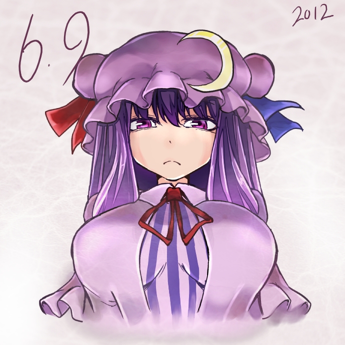 10s, 1girl, 2012, breasts, crescent, dated, dress, female_focus, frown, large_breasts, long_hair, patchouli_knowledge, purple_eyes, purple_hair, ribbon, simple_background, solo, tetsua_rei, touhou, upper_body