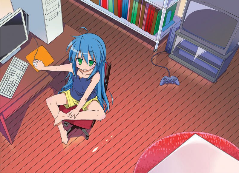 00s, 1girl, :3, ahoge, akitsu, akitsu_mikami, barefoot, blue_hair, book, chair, computer, computer_keyboard, controller, dualshock, feet, female_focus, fthgn338, game_console, game_controller, green_eyes, izumi_konata, jpeg_artifacts, long_hair, lucky_star, on_chair, playstation_2, playstation_controller, room, solo, table, television, toes