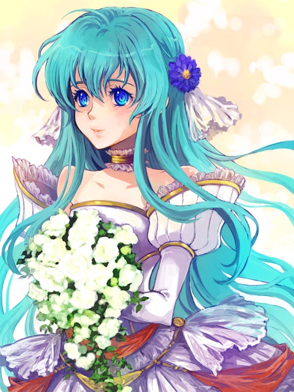 1girl, aqua_hair, blue_eyes, bouquet, dress, eirika_(fire_emblem), female_focus, fire_emblem