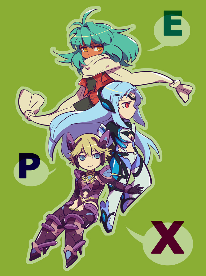 00s, 3girls, armor, blonde_hair, blue_eyes, blue_hair, chibi, creator_connection