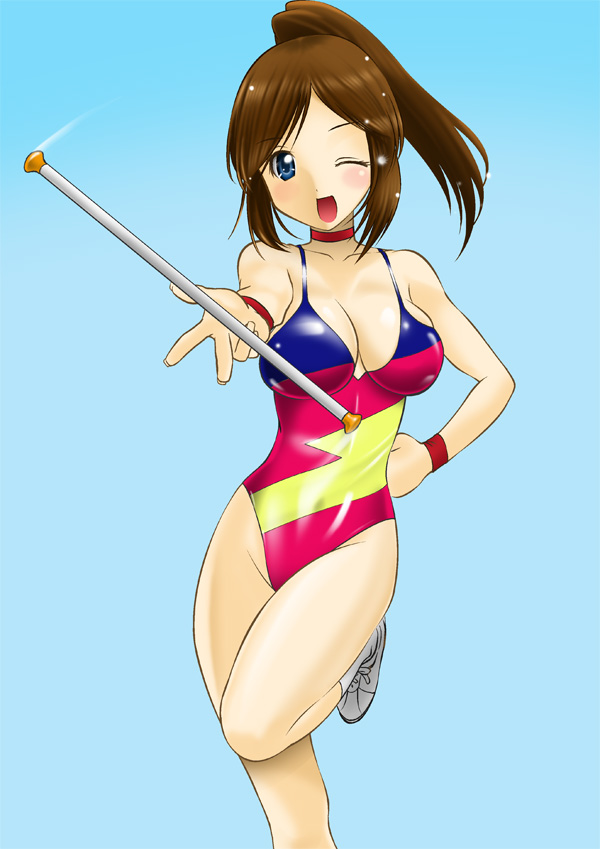 1girl, baton, blue_eyes, breasts, brown_hair, chaborin, choker, cleavage, female_focus, leotard, long_hair, majorette, medium_breasts, one_eye_closed, original, ponytail, red_leotard, rudoni, solo, wink, wristband