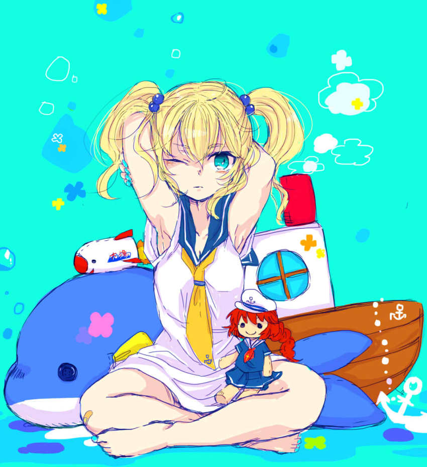 1girl, armpits, arms_up, bad_id, bad_pixiv_id, barefoot, blonde_hair, blue_eyes