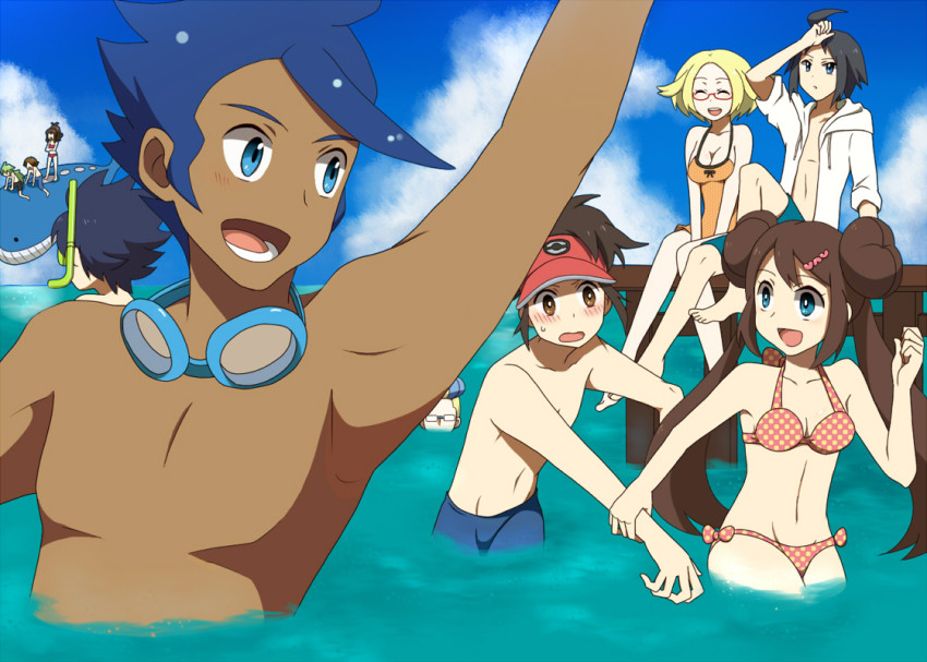 10s, 3girls, 6+boys, armpits, bianca_(pokemon), bikini, black_hair, blonde_hair, blue_hair, blue_male_swimwear, blue_swim_trunks, blush, breasts, brown_hair, cheren_(pokemon), colress_(pokemon), donut_hair_bun, double_bun, gen_3_pokemon, glasses, goggles, goggles_around_neck, green_hair, gym_leader, hair_bun, hilbert_(pokemon), hilda_(pokemon), hugh_(pokemon), jacket, long_hair, male_swimwear, marlon_(pokemon), medium_breasts, multiple_boys, multiple_girls, n_(pokemon), nanananona, nate_(pokemon), nintendo, ocean, one-piece_swimsuit, open_mouth, pokemon, pokemon_(creature), pokemon_black_and_white, pokemon_black_2_and_white_2, rosa_(pokemon), short_hair, small_breasts, snorkel, swimsuit, twintails, very_long_hair, wailord, water