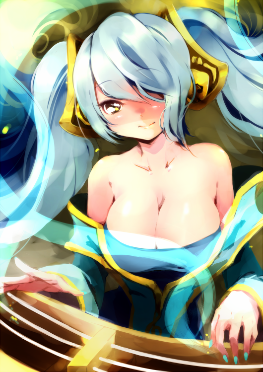 1girl, bad_id, bad_pixiv_id, bare_shoulders, blue_hair, breasts, cleavage, female_focus, hair_over_one_eye, harp, instrument, large_breasts, league_of_legends, long_hair, nail_polish, shulliy_baudelair, smile, solo, sona_(league_of_legends), twintails, yellow_eyes