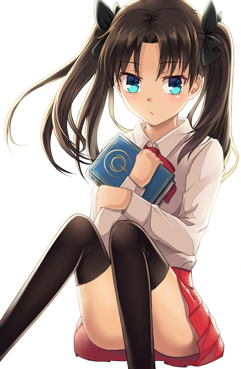 1girl, aged_down, aqua_eyes, black_thighhighs, blue_eyes, book, bow, brown_hair