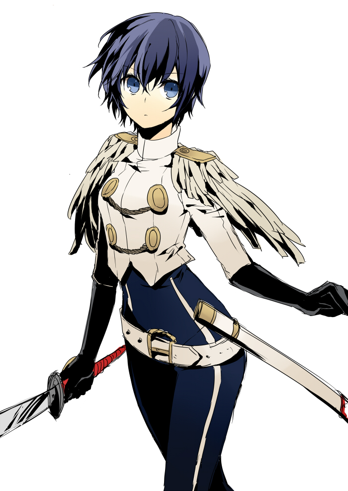 1girl, androgynous, atlus, azusa_(sarie303030), bad_id, bad_pixiv_id, blue_eyes, blue_hair, breasts, cosplay, crossdressing, crossdressing_(ftm), epaulettes, female_focus, gloves, looking_at_viewer, matching_hair/eyes, missing_headwear, pants, persona, persona_4, reverse_trap, sheath, shirako_miso, shirogane_naoto, short_hair, solo, sword, weapon, yamato_takeru_(persona), yamato_takeru_(persona)_(cosplay)
