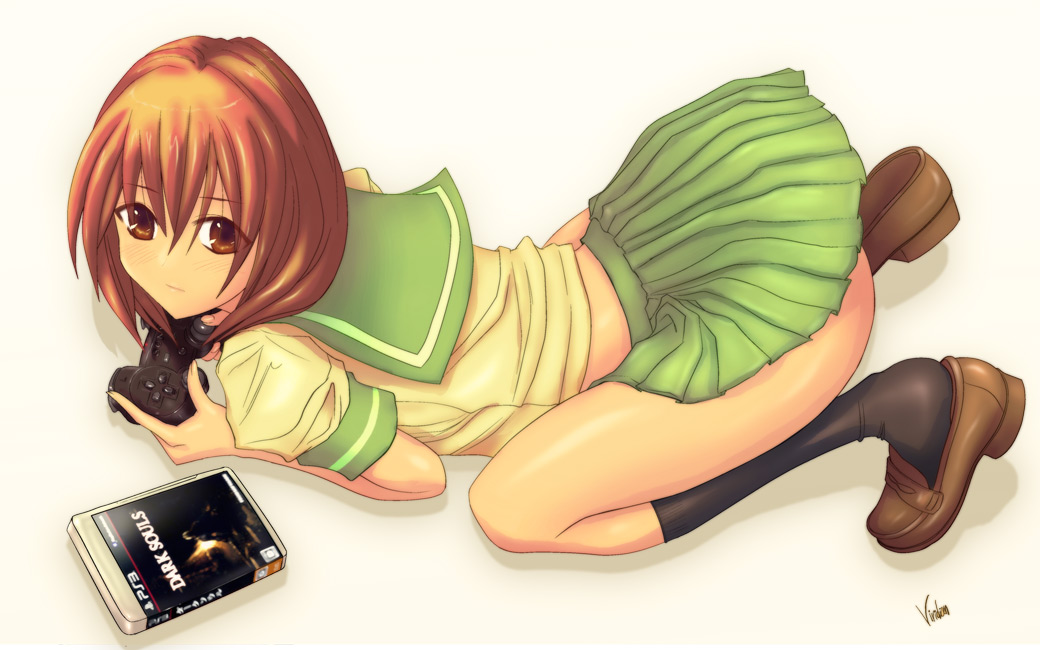 1girl, blush, brown_eyes, brown_hair, controller, dark_souls_(series), dark_souls_i, dualshock, female_focus, fromsoftware, game_console, game_controller, midoriyama_saki, original, playstation_3, playstation_controller, school_uniform, shoe_dangle, skirt, solo, top-down_bottom-up, viridian-c