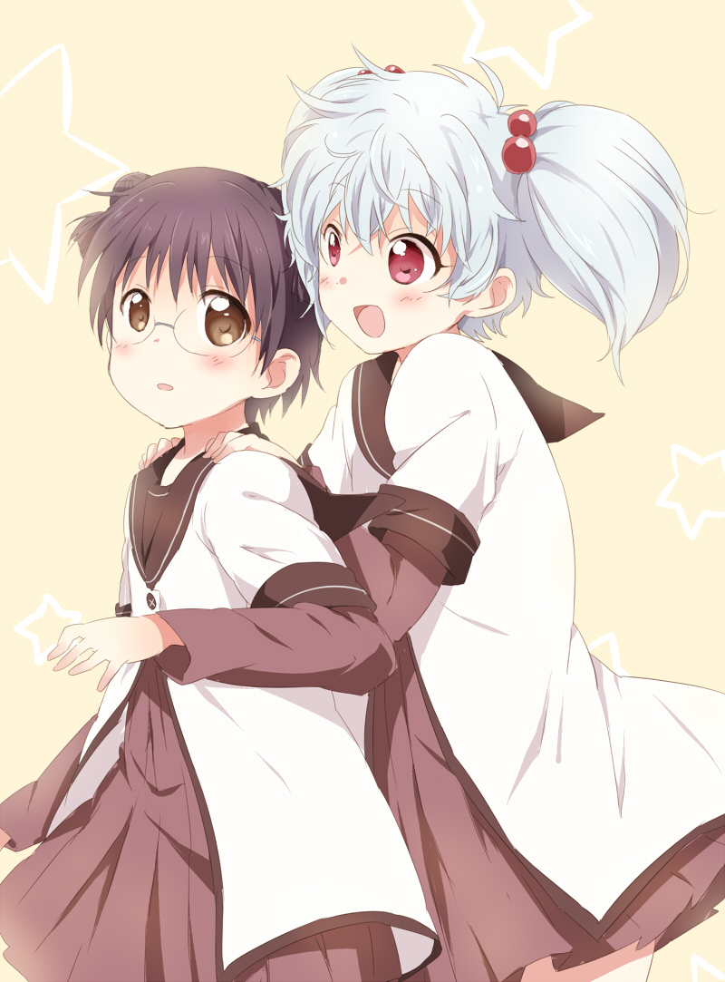 2girls, akaza_akari, akaza_akari_(cosplay), blush, brown_eyes, cosplay, gintama, glasses