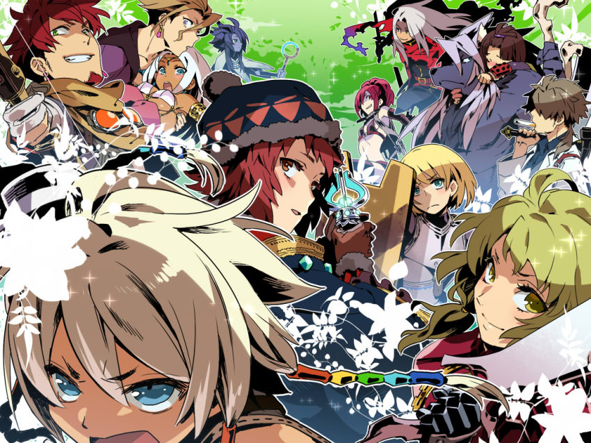 5girls, 6+boys, armlet, atlus, beard, bikini, blonde_hair, blue_eyes