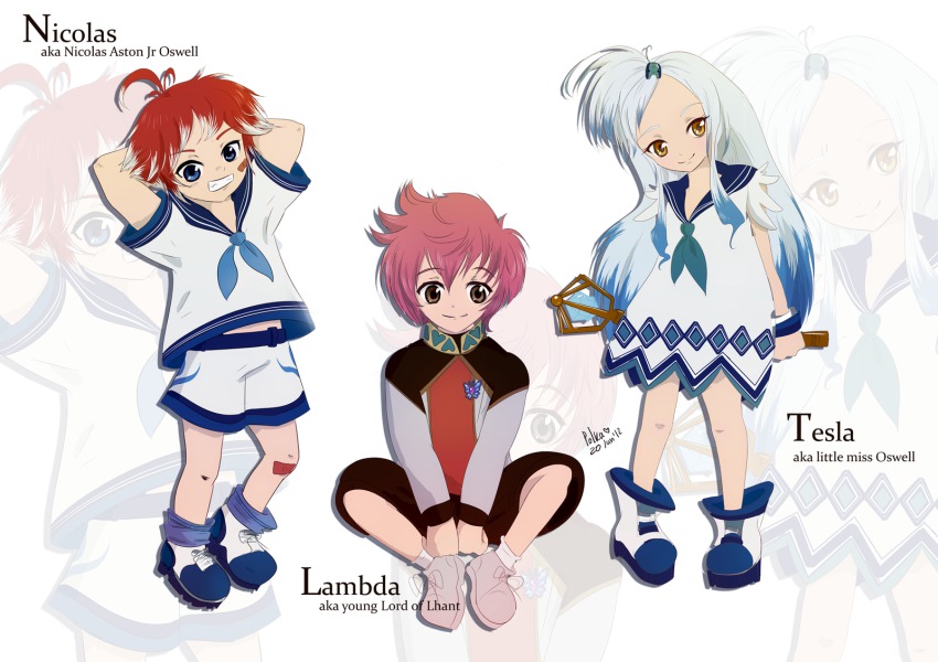 1girl, 2boys, blue_eyes, blue_hair, highres, lambda, little_polka, multiple_boys