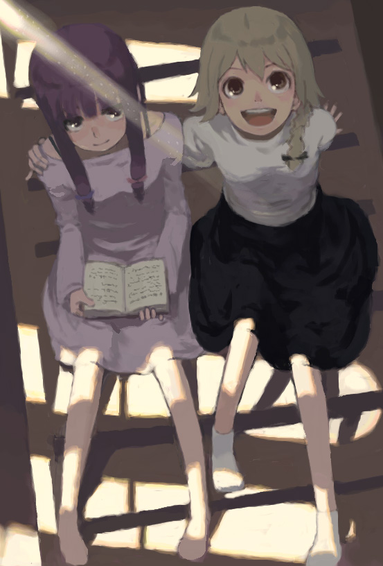 2girls, alternate_costume, alternate_hairstyle, arm_around_shoulder, bad_id, bad_pixiv_id, blonde_hair, casual